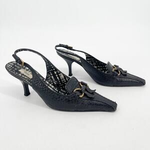 Prada Vintage Black Pebbled Leather Fringe Square Toe Slingback Heels IT 37